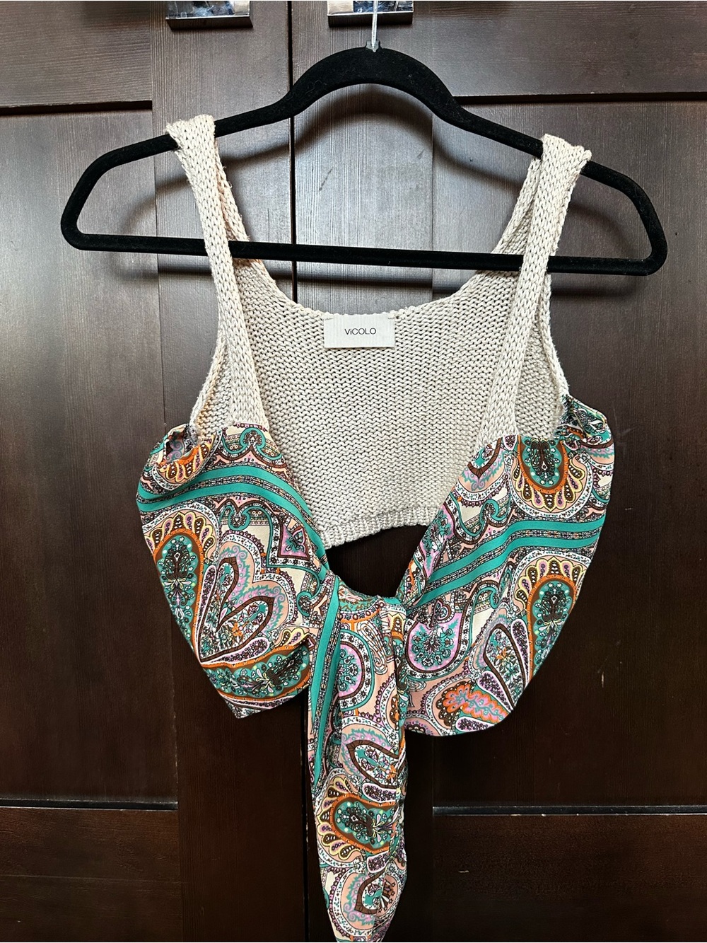 Vicolo Cream Knit & Teal Paisley Tie-Front Crop Top